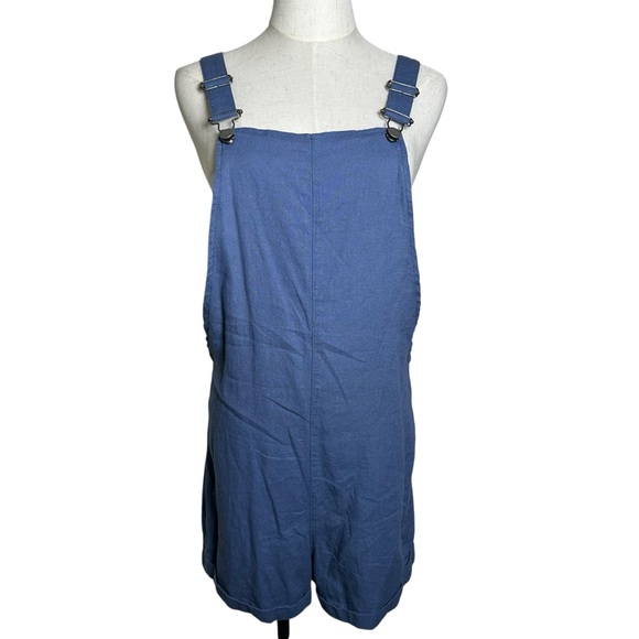 ROXY Womens Sz Small Adjustable Overalls Romper Blue Linen Pockets Beach Resort - Picture 5 of 13